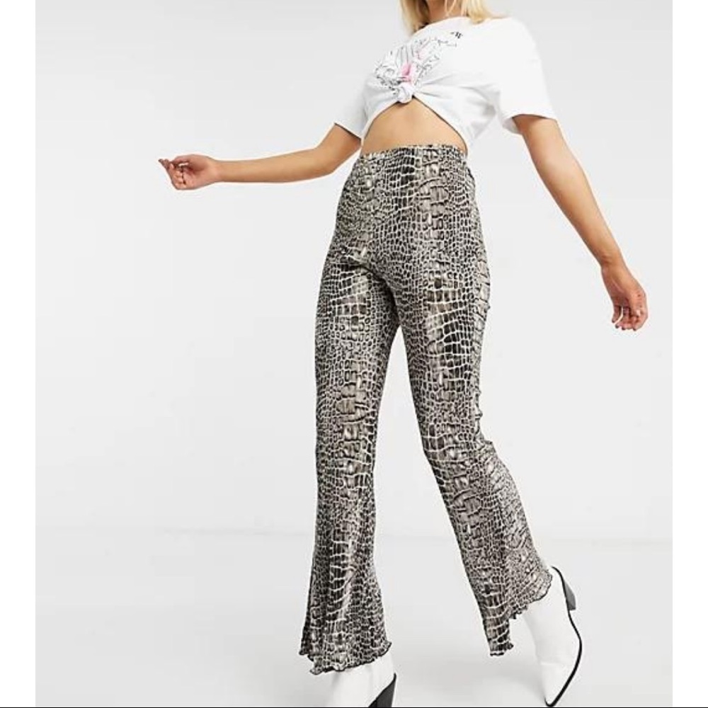 Topshop plisse flared pants in croc print